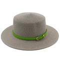 Close-up of beige straw hat featuring a bright green leather band with a golden buckle - Gray