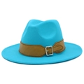 Detail of a bright blue fedora hat featuring a brown leather band and silver buckle - Sky Blue