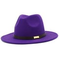 Detail of purple wool felt jazz hat featuring a dark brown belt and gold metal buckle - Purple