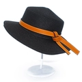 Detail of black woven straw hat featuring a bright orange leather band with white stitching - One Size / Black