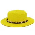 Chapeau de paille canotier jaune vif avec chaîne dorée élégante et ruban noir chic - Taille unique / Jaune