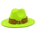 Detail of neon green wool fedora with brown leather strap and silver metal buckle - Neon Yellow