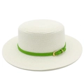 Close-up of white straw boater hat featuring a vibrant green leather band and gold buckle - White