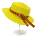 Bright yellow straw sun hat with brown leather band and white contrast stitching - One Size / Yellow