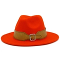 Detail view of orange fedora hat with wide brim and brown leather band with silver buckle - Orange Red