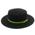 Close-up of black straw hat featuring a vibrant neon green leather band with gold buckle - Black