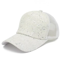 White sequin mesh baseball cap with silver glitter details for breathable sun protection - One Size / White