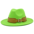 Detail of bright green wool fedora hat featuring a brown leather band and silver buckle - Fluorescent Green