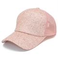 Ademende roségouden truckerpet met pailletten, mesh achterkant en verstelbare gebogen zonneklep - Eén maat / Roze