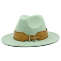 Detail of mint green wool felt fedora featuring a brown leather band and silver buckle - Mint Green