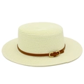 Canotier classique en paille crème avec bande en cuir marron et boucle dorée élégante - Taille unique / Blanc Cassé