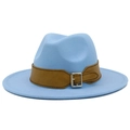 Detail of light blue fedora hat featuring a brown leather band and silver metal buckle - Light Blue