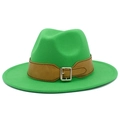 Detail of bright green fedora hat featuring a brown leather band and silver metal buckle - Grass Green