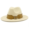 Classic cream fedora wool hat with brown leather band and silver buckle for women and men - Beige