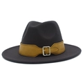 Detail view of dark grey wool fedora hat featuring a camel leather band and silver buckle - Dark Gray