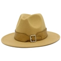 Detail of camel wool fedora hat featuring a matching leather band and silver metal buckle - Camel