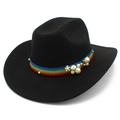 Dettaglio cappello in lana nera con nastro arcobaleno, perle e decorazione floreale - Taglia unica / Nero