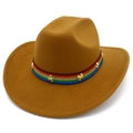 Vue détaillée du chapeau de cowboy en feutre brun avec ruban arc-en-ciel et rivets dorés - Taille unique / Marron