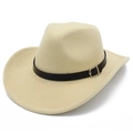 Dettaglio di un cappello da cowboy in feltro di lana beige con cintura in pelle e fibbia - Beige