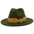 Detail of dark olive green fedora with brown faux leather band and silver metal buckle - Army Green