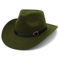 Dettaglio di cappello da cowboy in feltro verde scuro con cintura in pelle e fibbia - Verde Militare