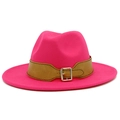 Detail of fuchsia wool fedora hat featuring a brown leather band and silver metal buckle - Rose Red