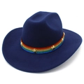 Detail of dark blue wool felt fedora with rainbow woven band and gold cross metal accents - One Size / Dark Blue