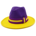 Classic two-tone wool felt fedora hat in purple and yellow with wide brim and striped band - Purple & Yellow