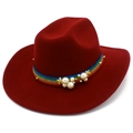 Elegant wine red wool felt fedora with rainbow band and pearl embellishments for women - One Size / Burgundy