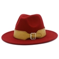 Detail of red fedora wool hat featuring a brown leather band and silver metal buckle - Burgundy