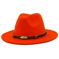Classic orange wide brim wool fedora hat with ethnic beaded band and gold feather charm - Orange Red