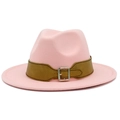 Elegant light pink wide brim fedora hat with brown leather band and silver metal buckle - Pink