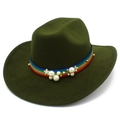 Elegant dark green wool fedora with colorful rainbow ribbon and pearl floral accents - One Size / Army Green