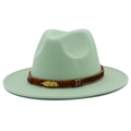 Detail of mint green wool fedora hat with brown band and golden feather metal buckle - Mint Green