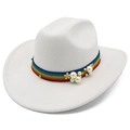 Elegant white wool felt fedora hat featuring rainbow ribbon with pearls and small flowers - One Size / White