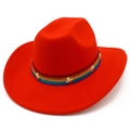 Red wide brim cowboy hat with rainbow braided band and golden cross rivets in front view - One Size / Red