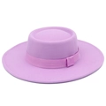 Close-up of a lavender wool boater hat featuring a flat top and matching grosgrain ribbon - Light Purple