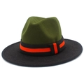Detail of army green and black felt fedora hat featuring a vintage orange striped band - Army Green Black