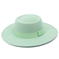 Macro shot of mint green wool felt fedora with ribbed ribbon and flat brim detail - Mint Green
