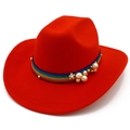 Elegante cappello di lana rosso con nastro arcobaleno e perle da donna - Taglia unica / Rosso