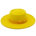 Elegant French style yellow wool felt boater hat with wide flat brim and ribbon bow detail - Yellow