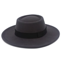 Close-up of classic grey wool fedora with flat brim and elegant black decorative ribbon - Dark Gray
