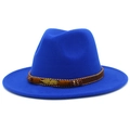 Detail of blue wool fedora featuring ethnic style band and golden feather ornament - Sapphire Blue