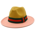 Detail of felt fedora hat featuring mustard crown, pink brim and striped ribbon band - Palm Powder
