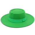 Classic bright green flat brim wool fedora hat with matching satin ribbon for men and women - Grass Green
