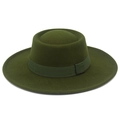 Detailed macro view of olive green wide brim wool felt boater hat with grosgrain ribbon - Army Green