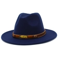 Navy blue wool fedora hat with ethnic woven band and golden feather detail accessory - Dark Blue