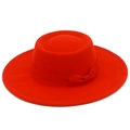 Detailed flat lay of a red wool felt boater hat with matching ribbon and bow accent - Red