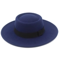 Macro detail of navy blue felt boater hat with black grosgrain ribbon and wide flat brim - Dark Blue