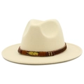 Close-up of beige wool fedora featuring a bohemian band with beads and metal feather - Beige